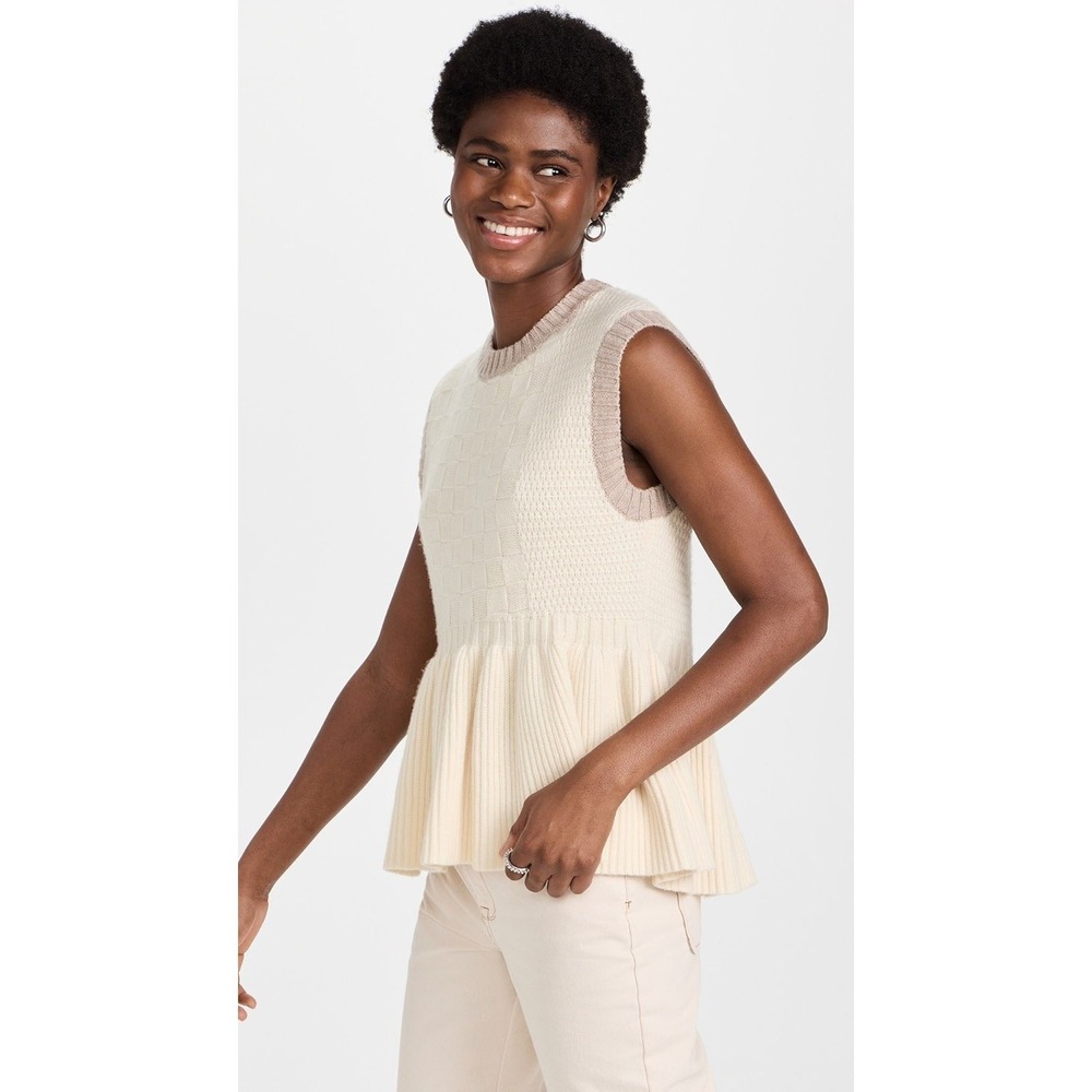 Brøgger Bonnie Cream Peplum Basketweave Knit Top Sweater Vest Size L XL